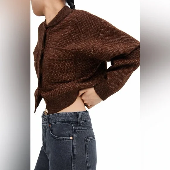 Mng Bomber Cardigan In Dark Brown Size Medium - Picture 3 of 7